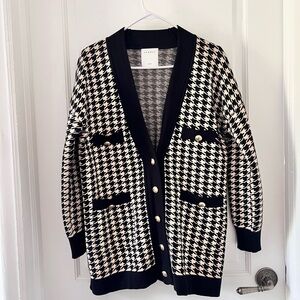 Sandro Dane Black and Cream Houndstooth Cardigan Sweater